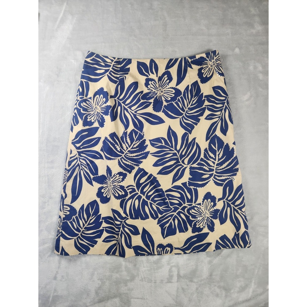 Talbots‎ Skirt Women's Size 4P Beige & Blue Tropical Leaf Print Beaded